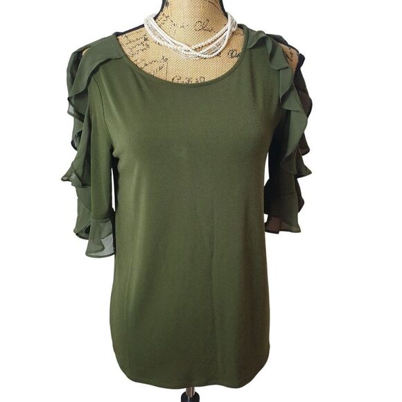 Worthington Womens Cold Shoulder Yop S Olive Green Ruffle Cottagecore Festive - Picture 1 of 10